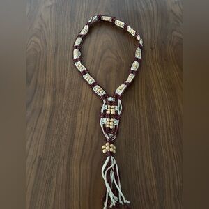 Handcrafted, vintage 70s Beaded Macrame Necklace - Maroon and Beige